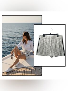 NWT Club Monaco "Ealdyn" Pleated Tweed Skort - Cream & Black Plaid Size 12